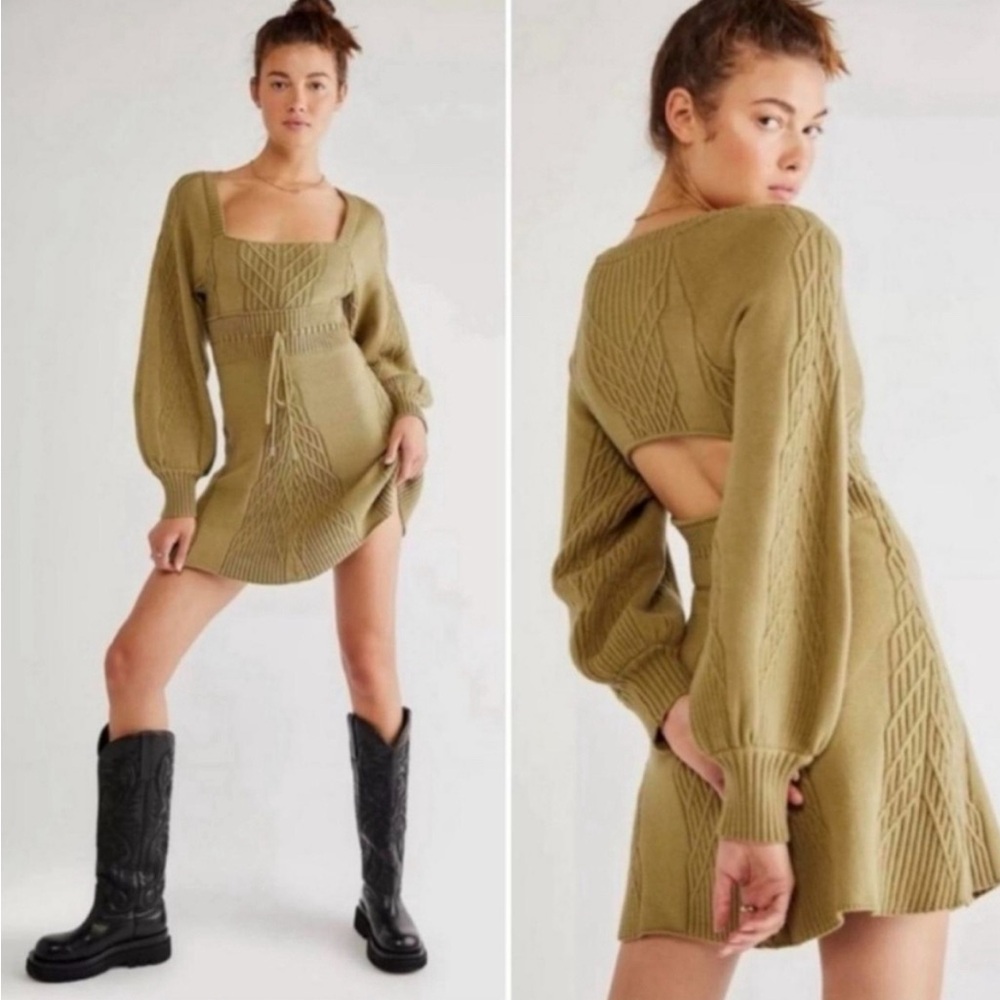 NWT Free People Emmaline Mini Sweater Dress Balloon Sleeve Green